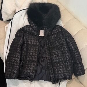 Moncler Black Patterned Jacket with Fur Trim